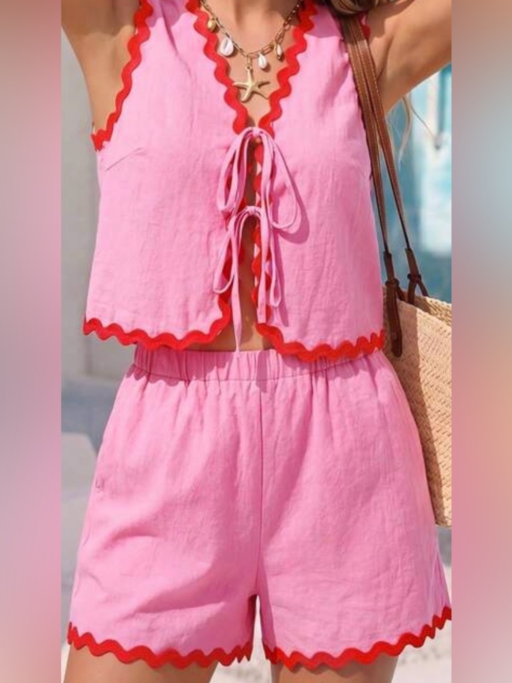 🆕100% cotton Pink Two-Piece Tie-Front Tank & Shorts Set with Red Trim L - Picture 2 of 3